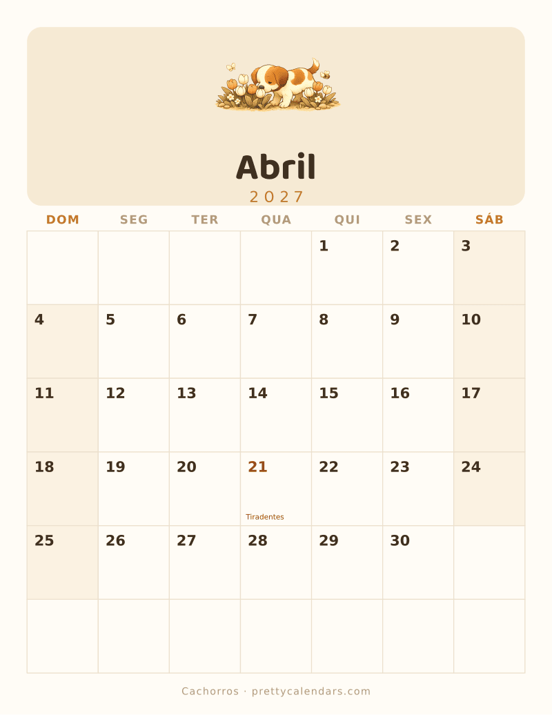 Calendário de Abril de 2027 para imprimir, estilo Cachorros