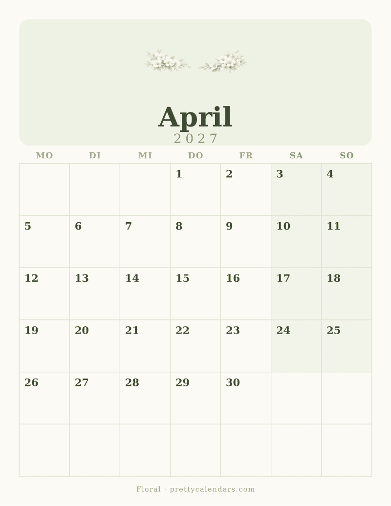 Druckbarer Kalender April 2027, Design Floral