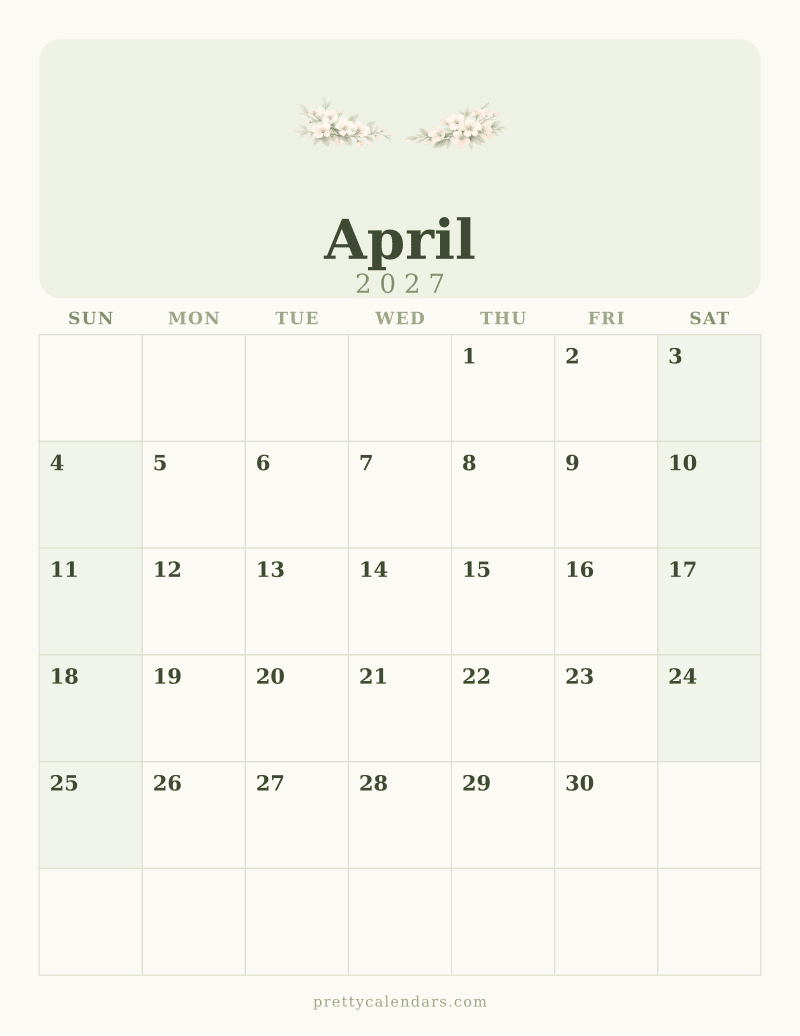 April 2027 printable calendar, Floral style