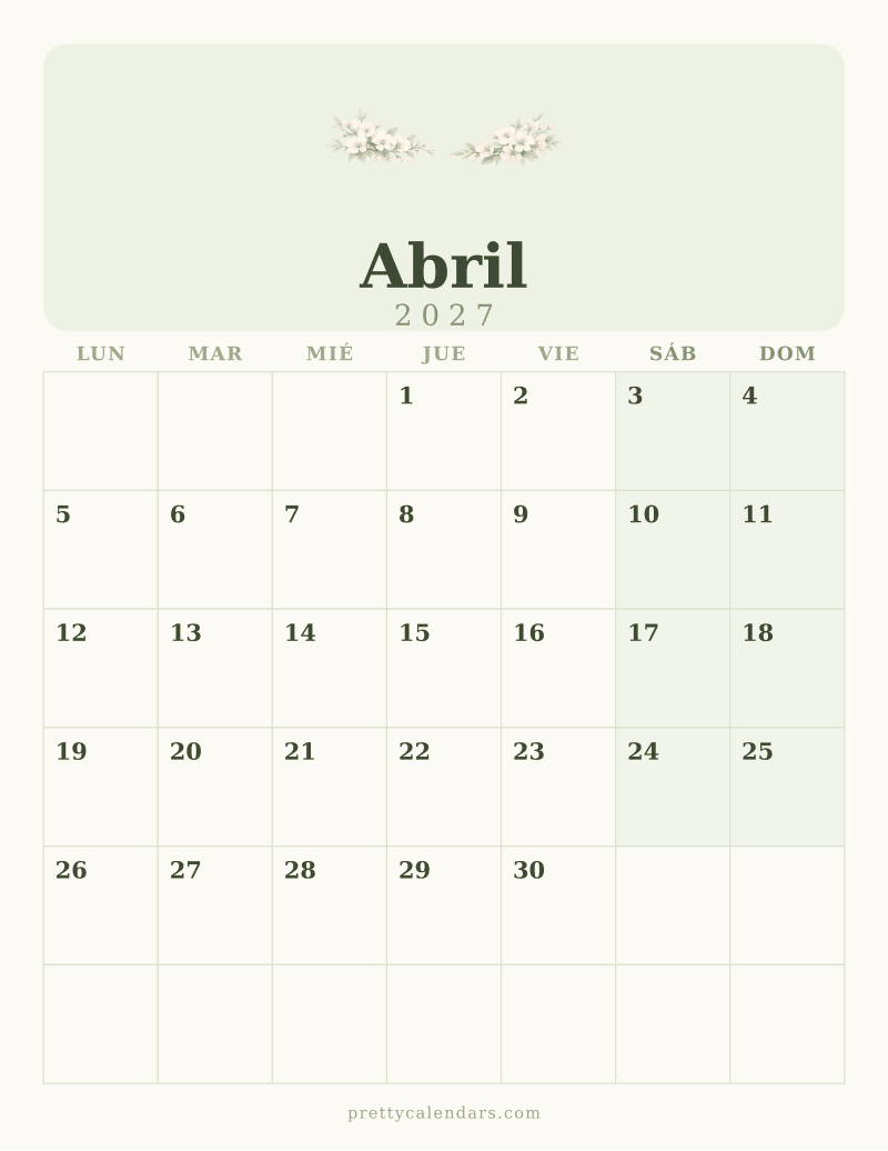 Calendario de Abril 2027 para imprimir, estilo Floral