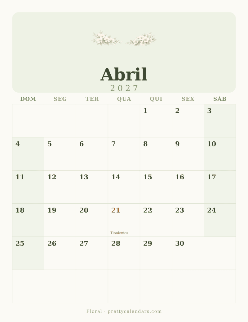Calendário de Abril de 2027 para imprimir, estilo Floral