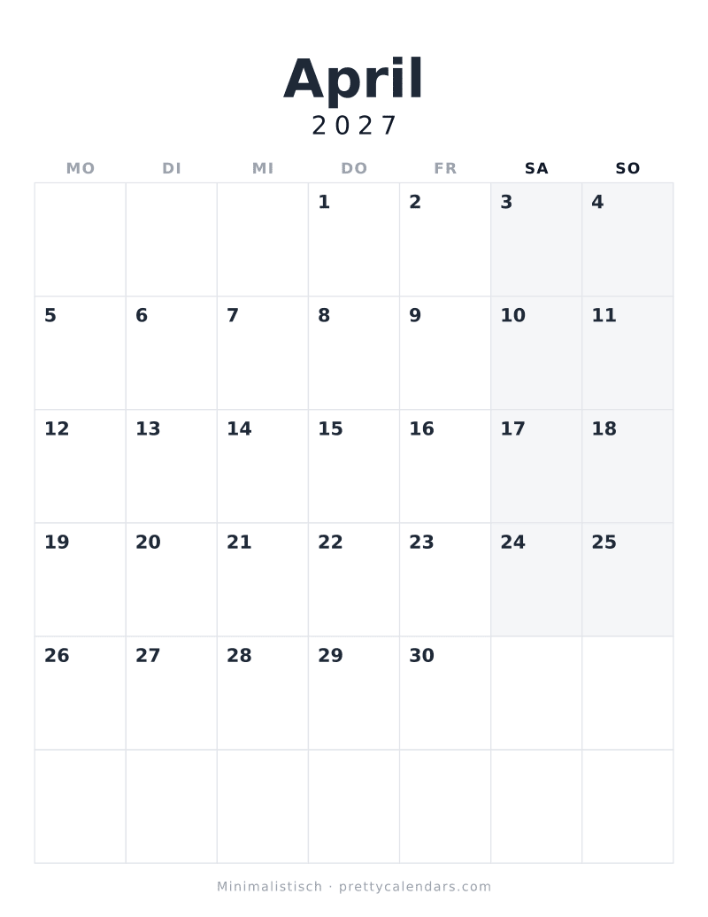 Druckbarer Kalender April 2027, Design Minimalistisch