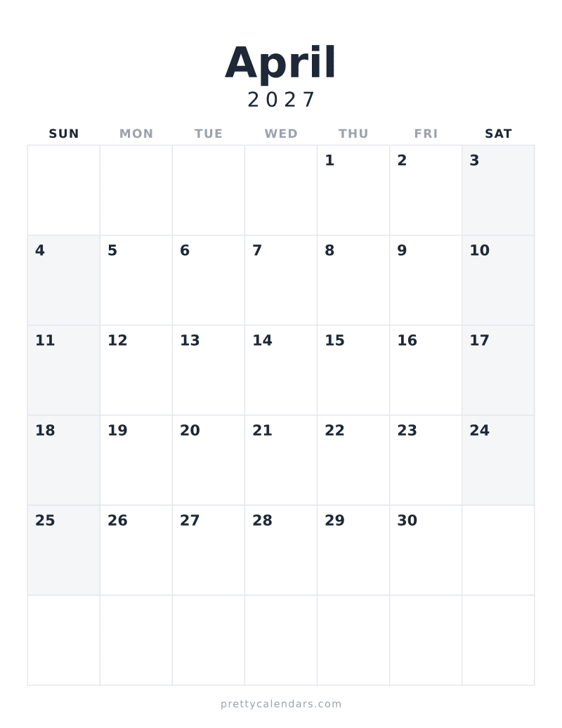 April 2027 printable calendar, Minimalist style