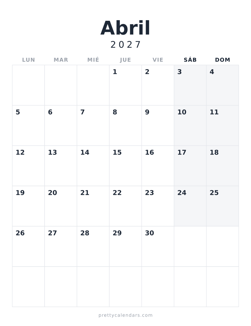 Calendario de Abril 2027 para imprimir, estilo Minimalista