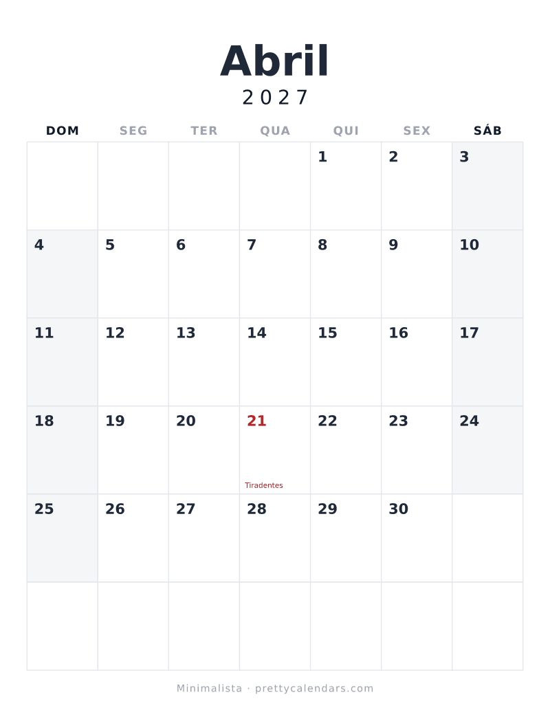 Calendário de Abril de 2027 para imprimir, estilo Minimalista