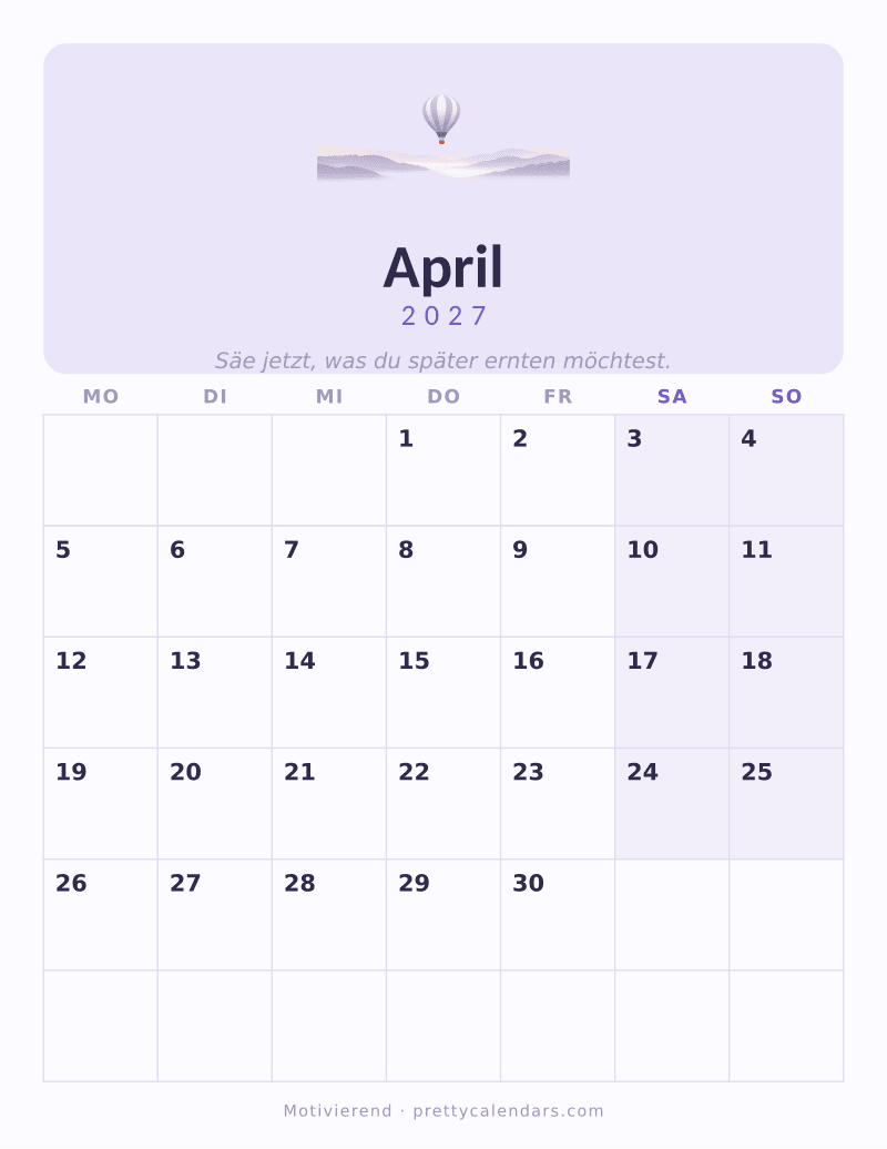 Druckbarer Kalender April 2027, Design Motivierend