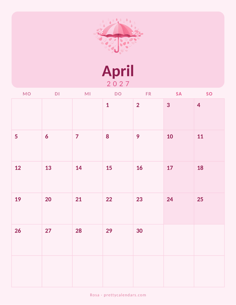 Druckbarer Kalender April 2027, Design Rosa