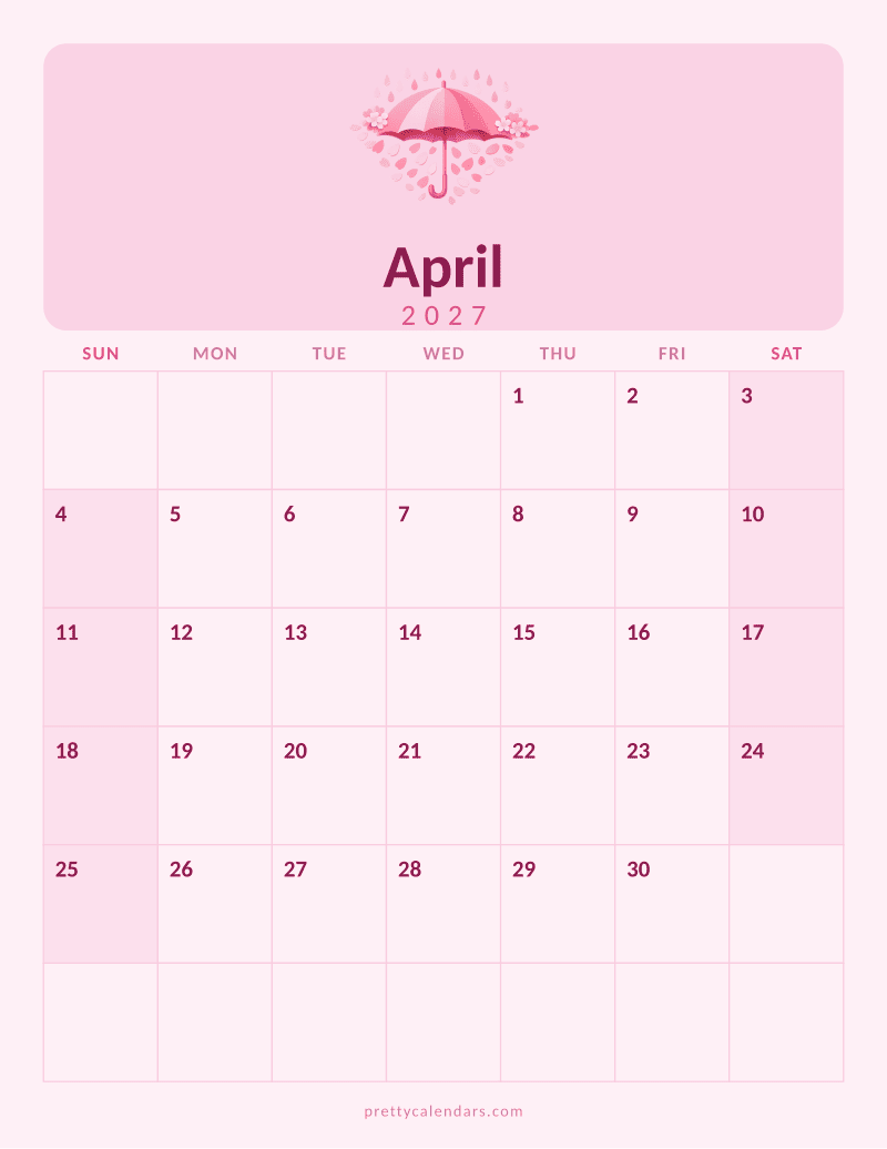 April 2027 printable calendar, Pink style