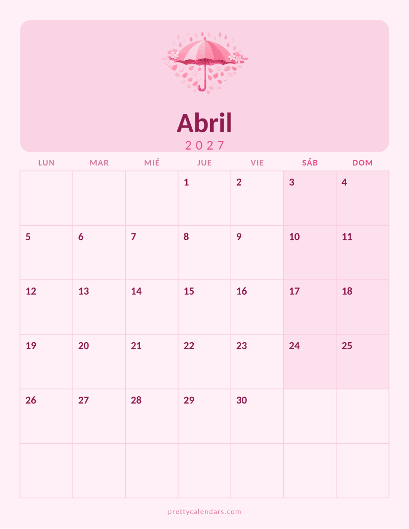 Calendario de Abril 2027 para imprimir, estilo Rosa