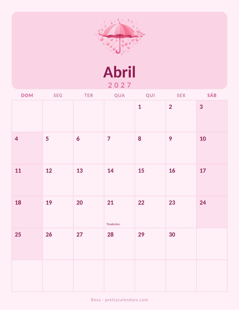Calendário de Abril de 2027 para imprimir, estilo Rosa
