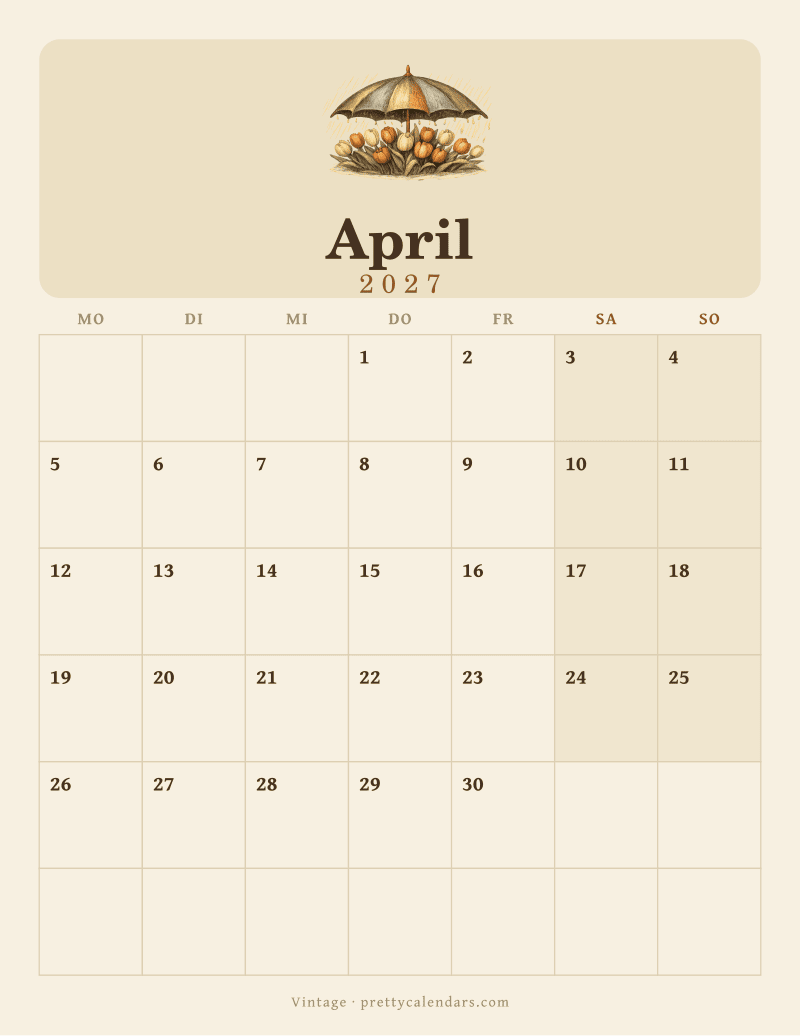 Druckbarer Kalender April 2027, Design Vintage