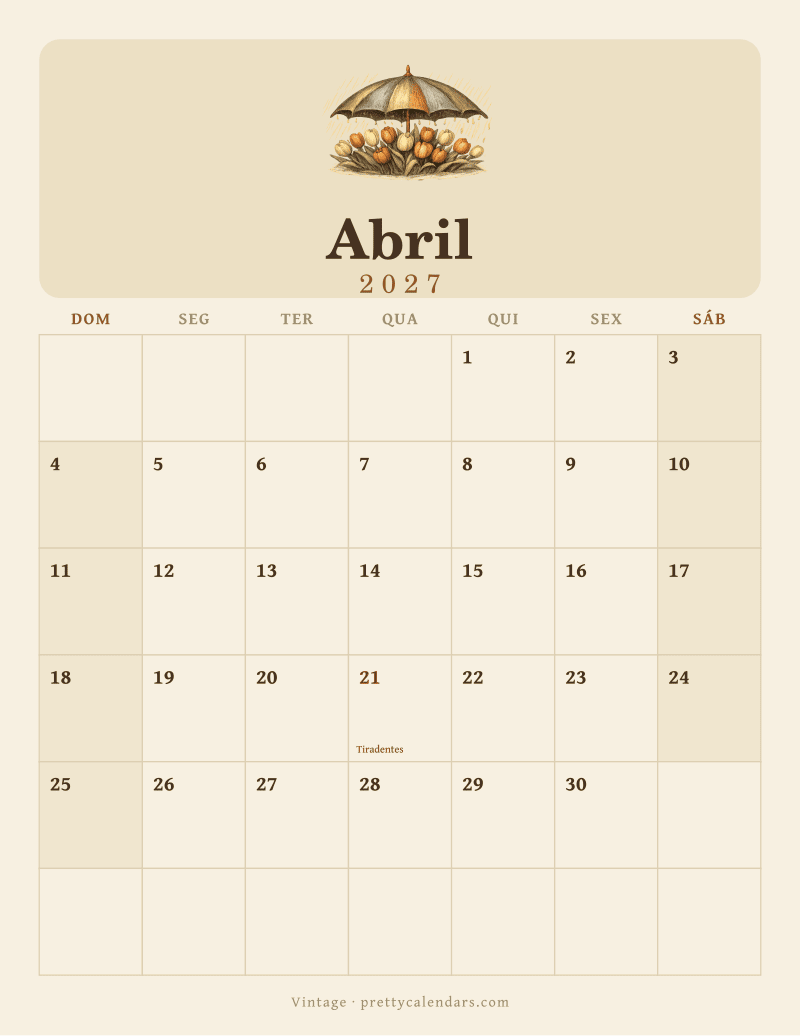 Calendário de Abril de 2027 para imprimir, estilo Vintage