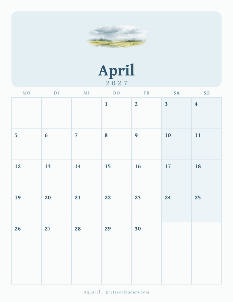 Druckbarer Kalender April 2027, Design Aquarell