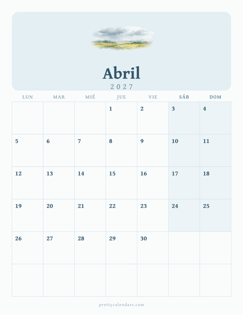 Calendario de Abril 2027 para imprimir, estilo Acuarela