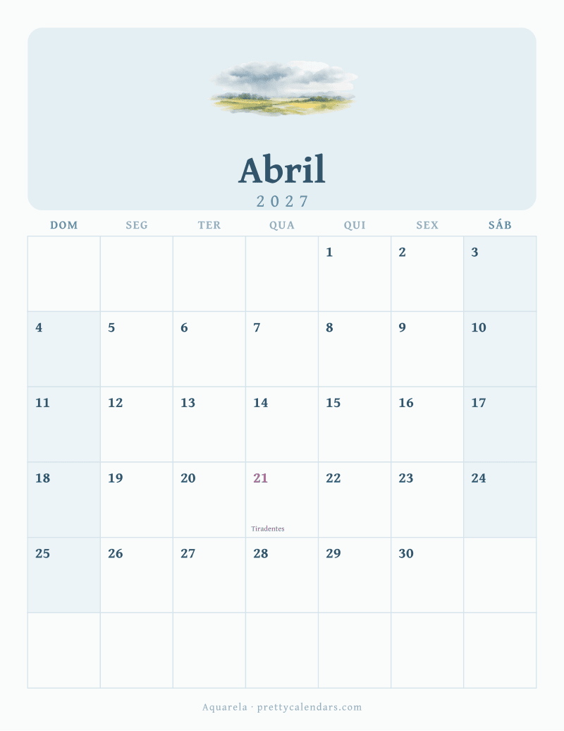 Calendário de Abril de 2027 para imprimir, estilo Aquarela