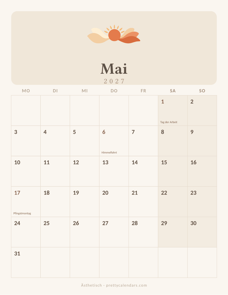 Druckbarer Kalender Mai 2027, Design Ästhetisch