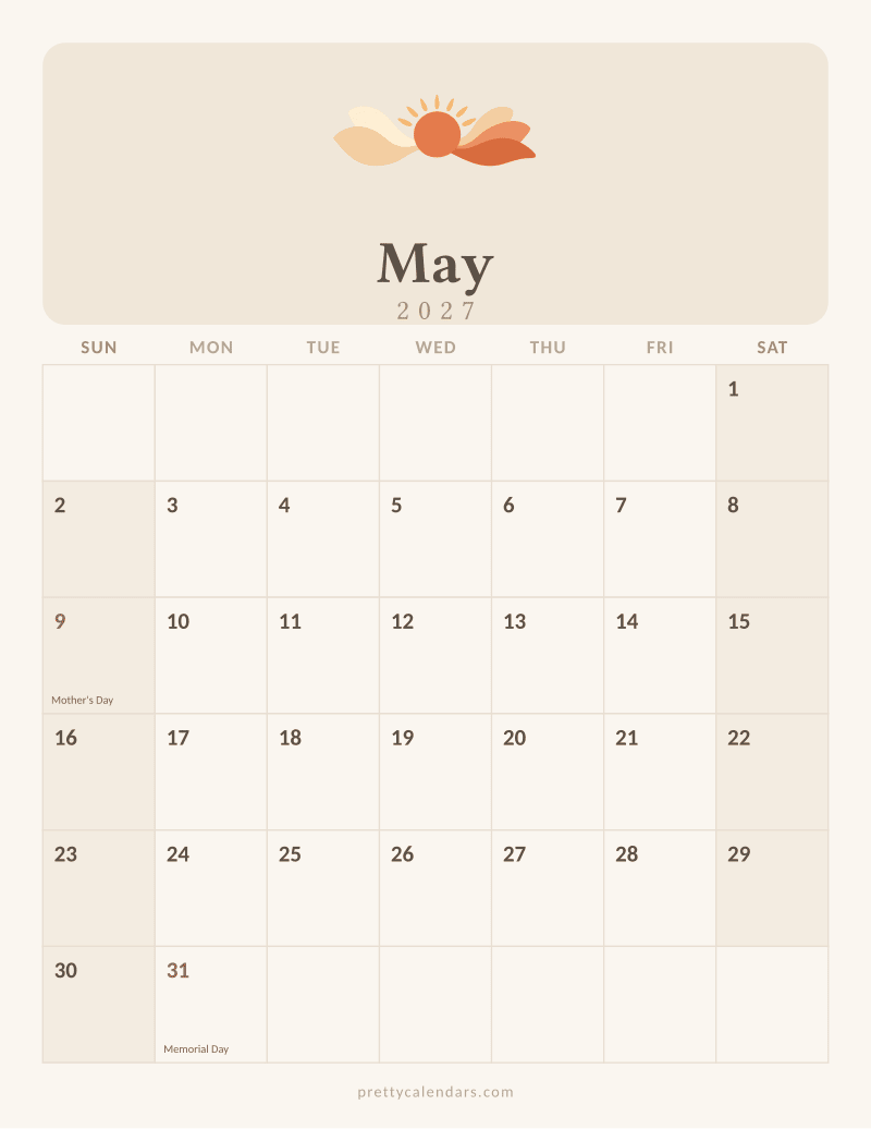 May 2027 printable calendar, Aesthetic style