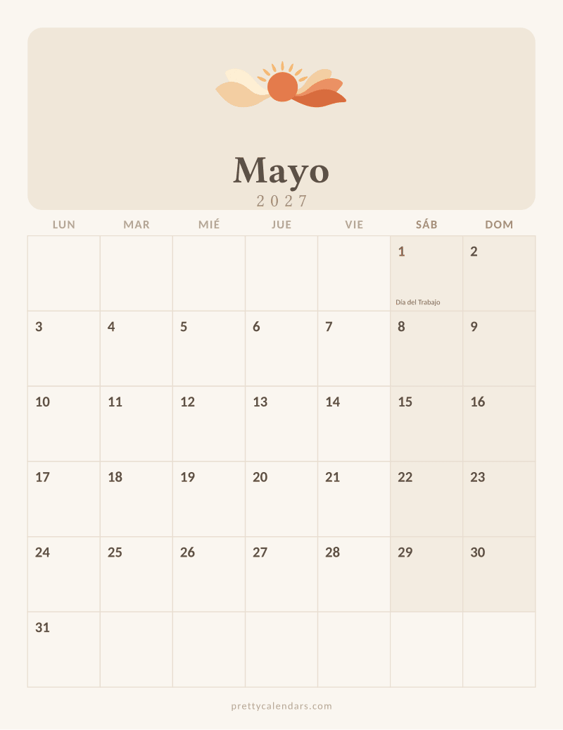 Calendario de Mayo 2027 para imprimir, estilo Aesthetic