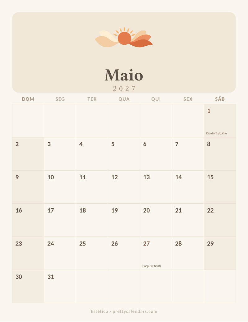 Calendário de Maio de 2027 para imprimir, estilo Estético