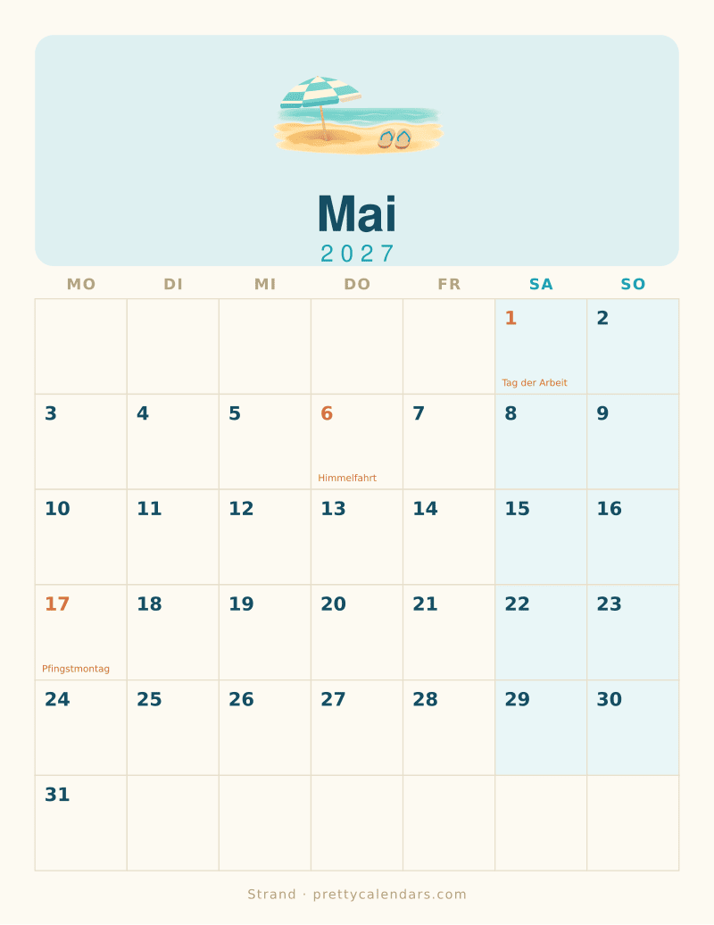 Druckbarer Kalender Mai 2027, Design Strand