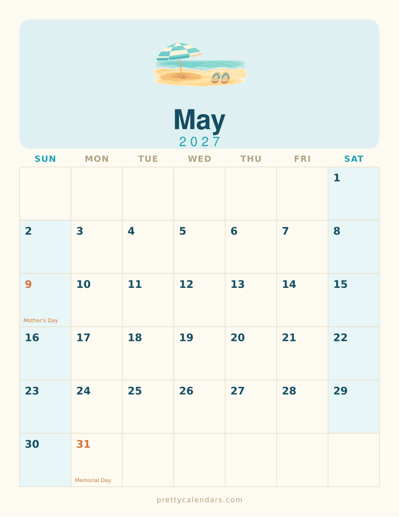 May 2027 printable calendar, Beach style
