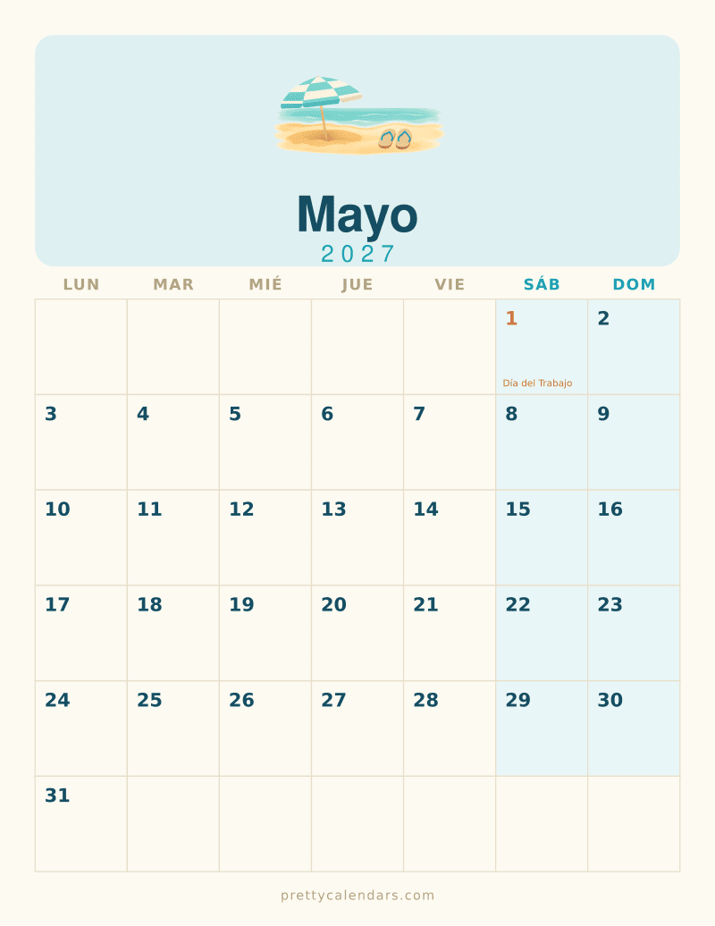 Calendario de Mayo 2027 para imprimir, estilo Playa