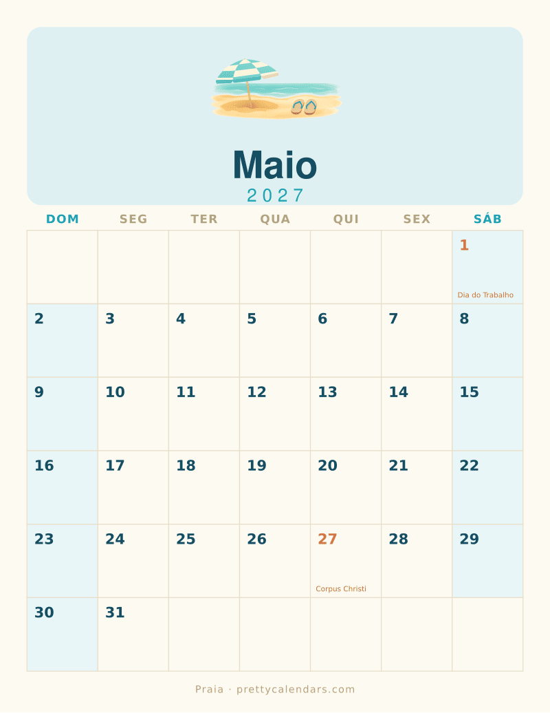 Calendário de Maio de 2027 para imprimir, estilo Praia