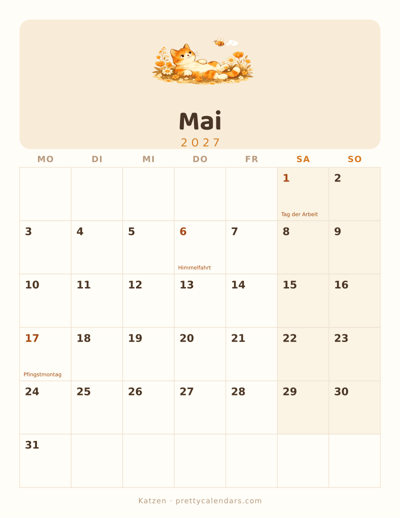 Druckbarer Kalender Mai 2027, Design Katzen