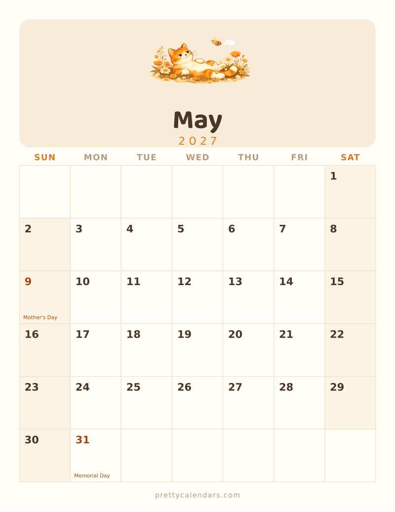 May 2027 printable calendar, Cat style