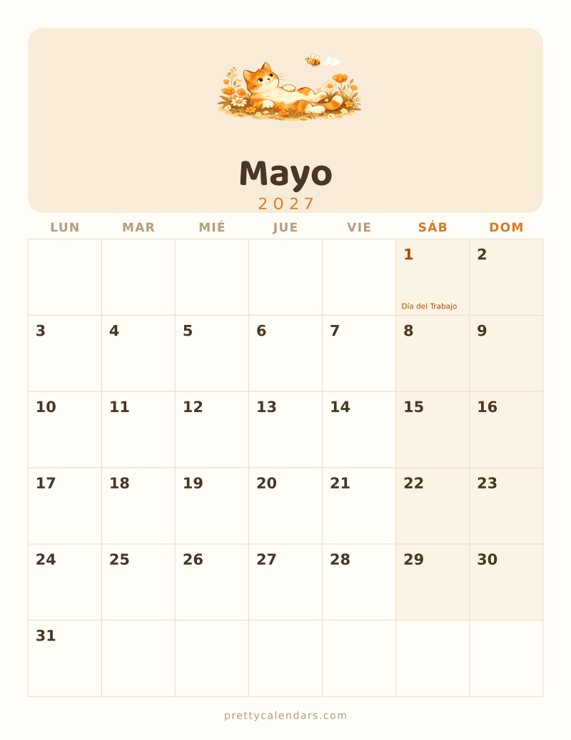 Calendario de Mayo 2027 para imprimir, estilo Gatos