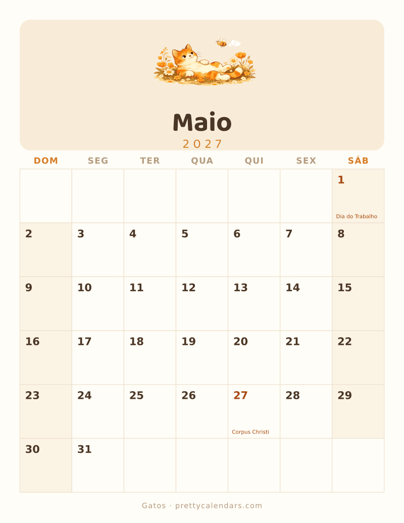 Calendário de Maio de 2027 para imprimir, estilo Gatos
