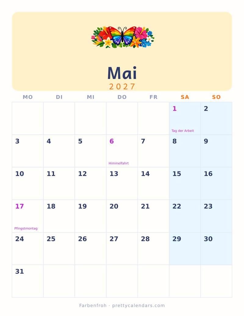 Druckbarer Kalender Mai 2027, Design Farbenfroh