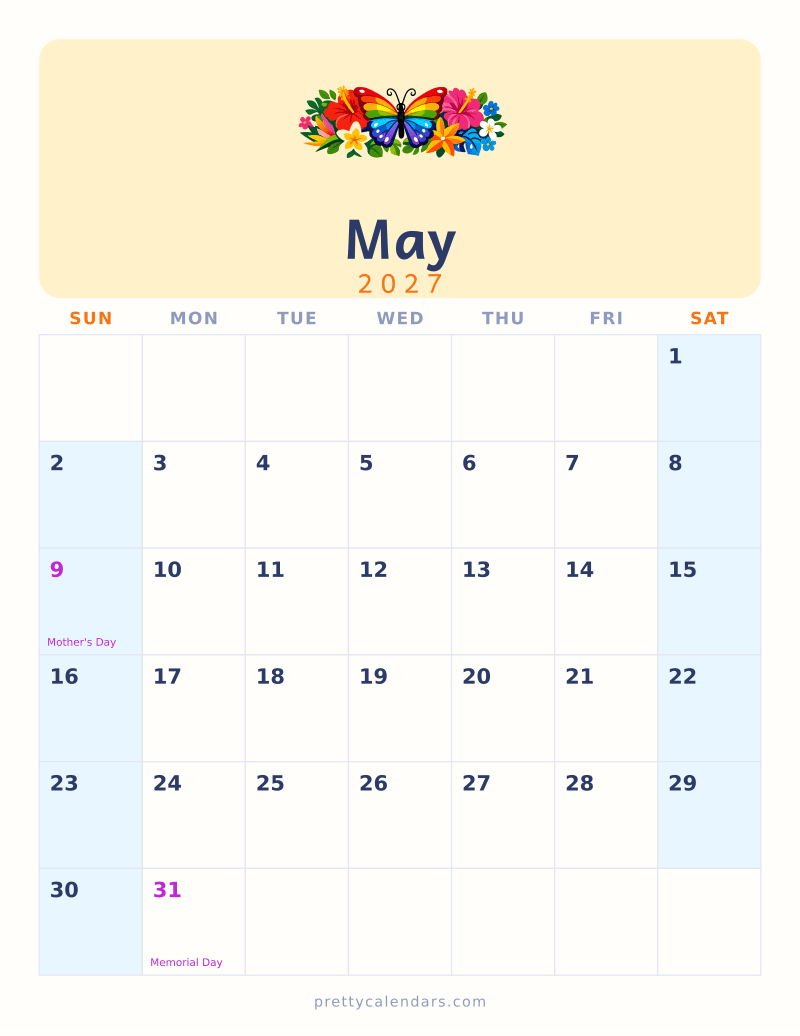 May 2027 printable calendar, Colorful style