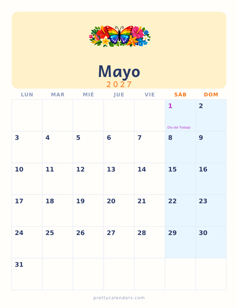 Calendario de Mayo 2027 para imprimir, estilo Colorido