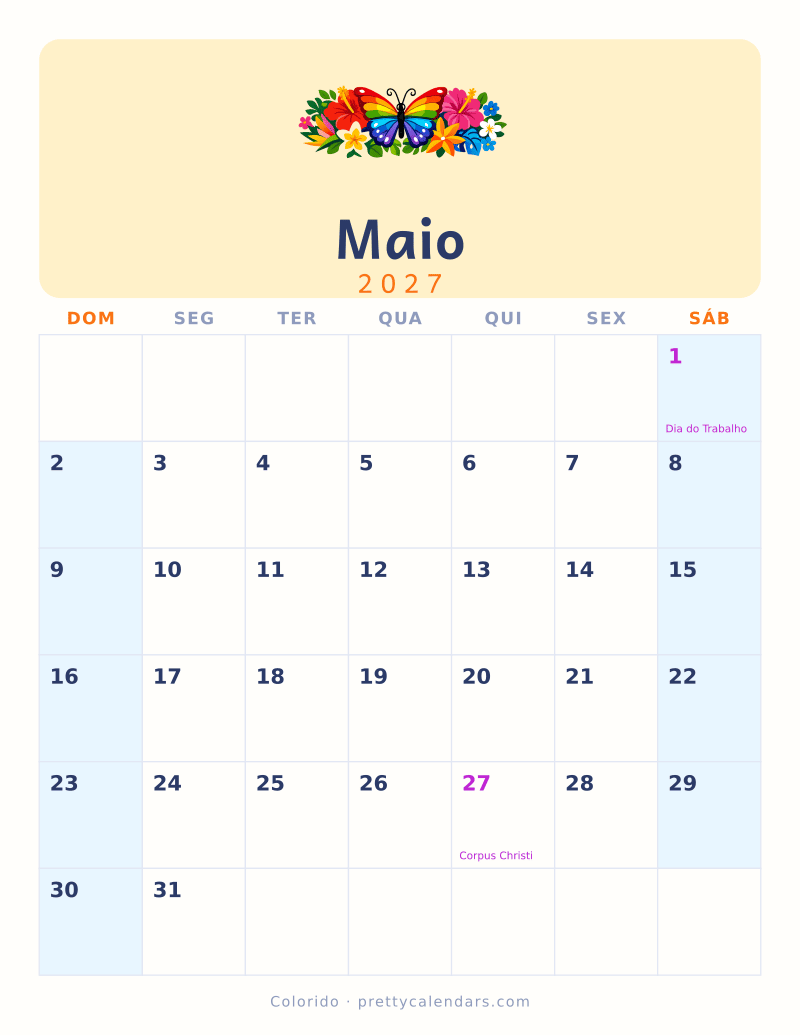 Calendário de Maio de 2027 para imprimir, estilo Colorido