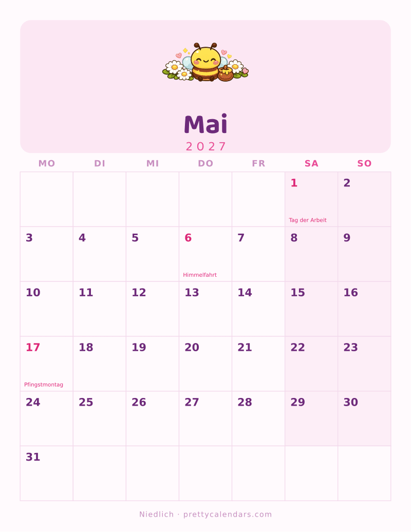 Druckbarer Kalender Mai 2027, Design Niedlich