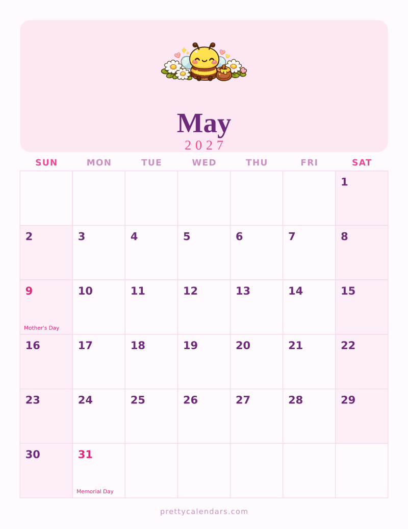 May 2027 printable calendar, Cute style