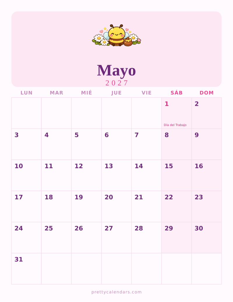 Calendario de Mayo 2027 para imprimir, estilo Bonito