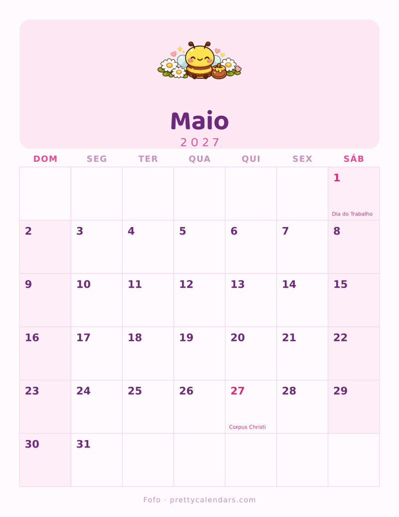Calendário de Maio de 2027 para imprimir, estilo Fofo