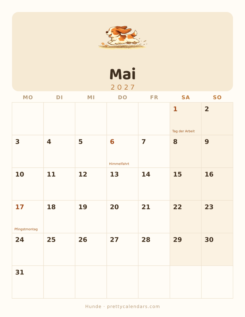Druckbarer Kalender Mai 2027, Design Hunde