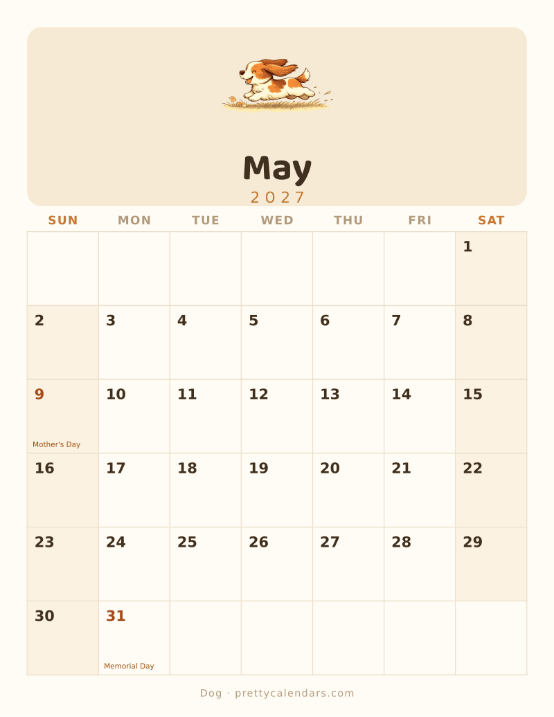 May 2027 printable calendar, Dog style