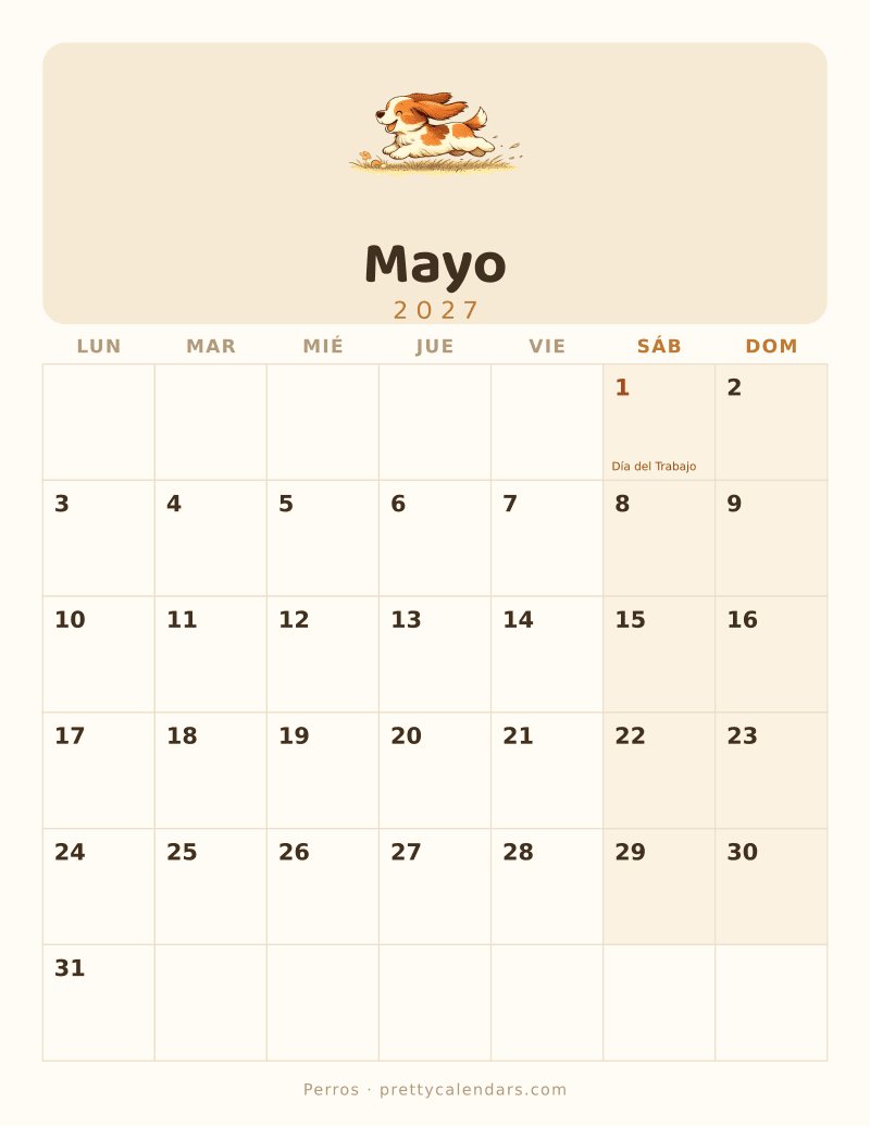 Calendario de Mayo 2027 para imprimir, estilo Perros