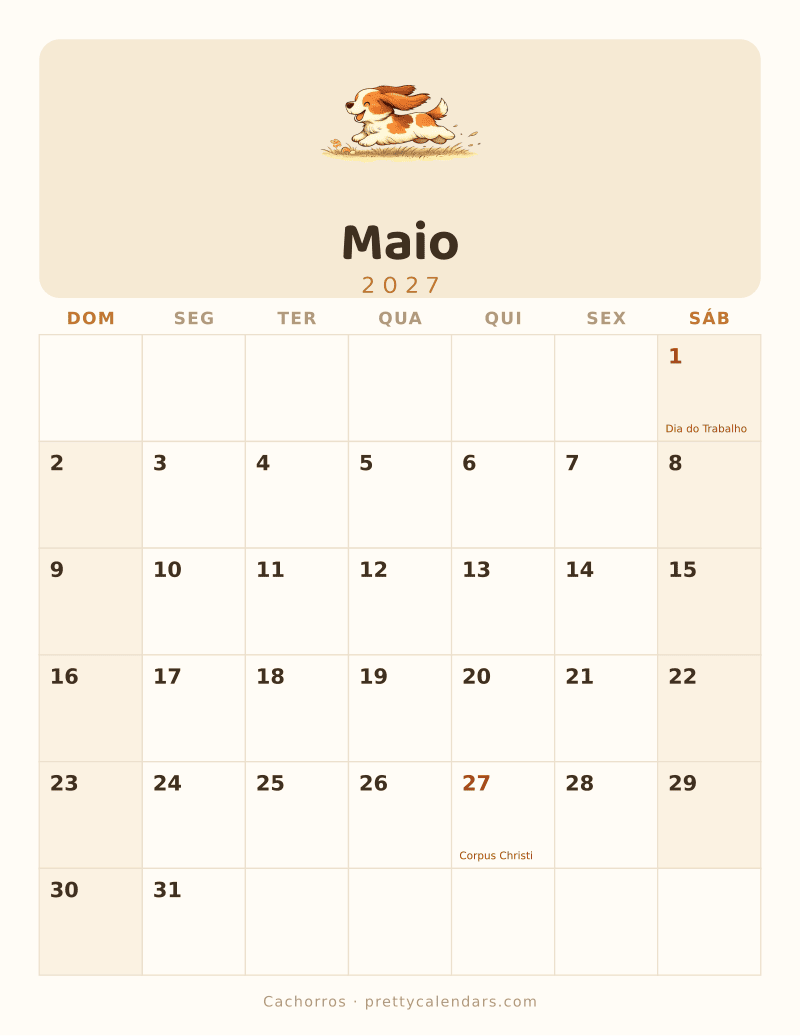 Calendário de Maio de 2027 para imprimir, estilo Cachorros