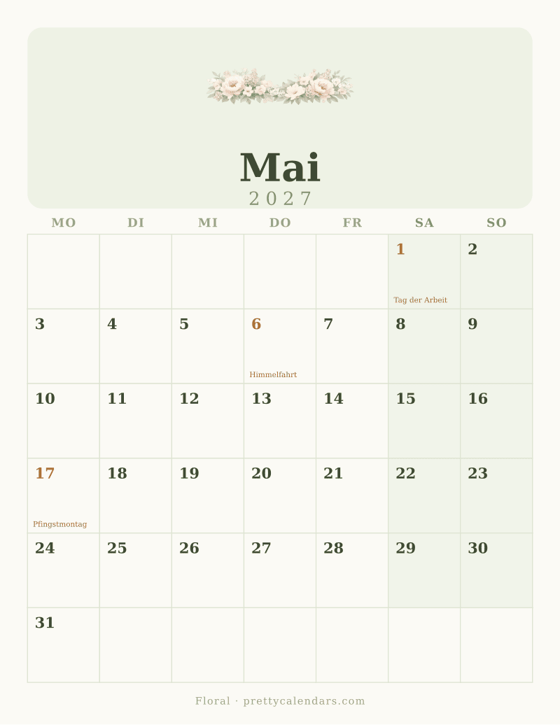 Druckbarer Kalender Mai 2027, Design Floral