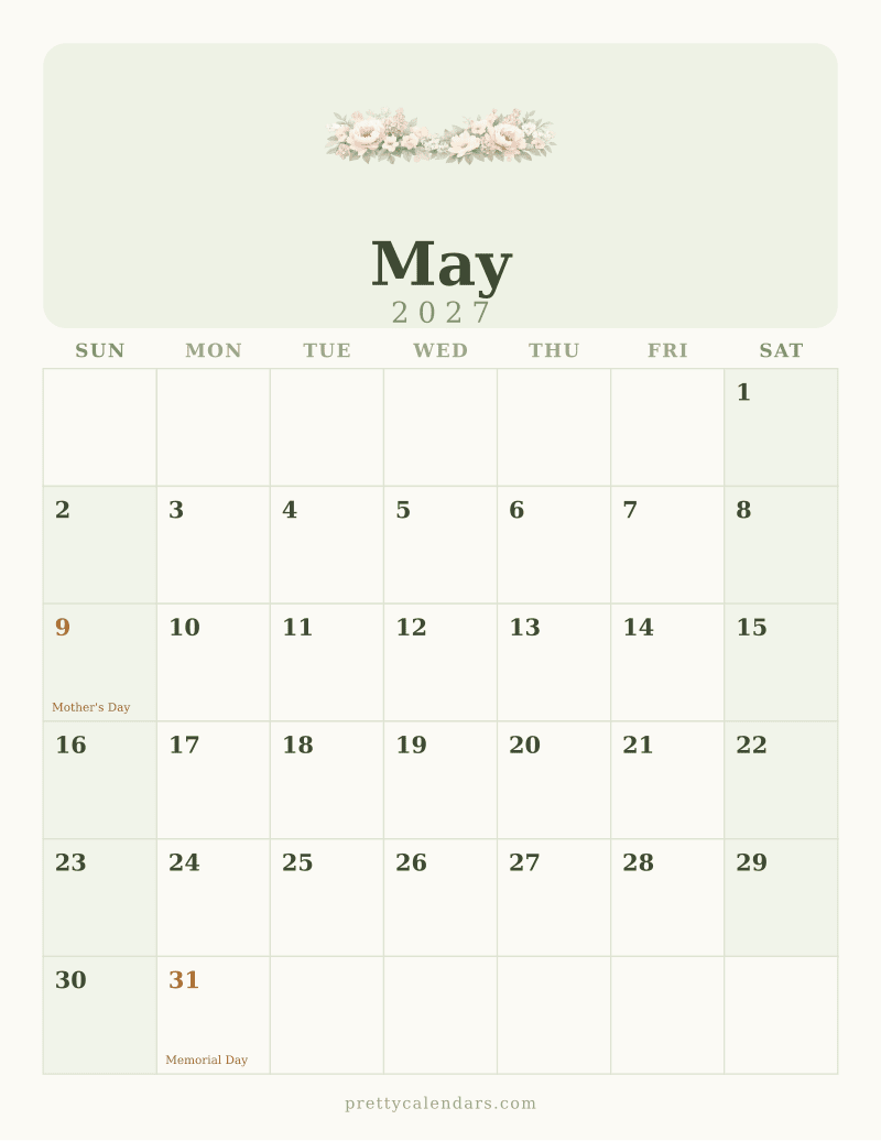 May 2027 printable calendar, Floral style