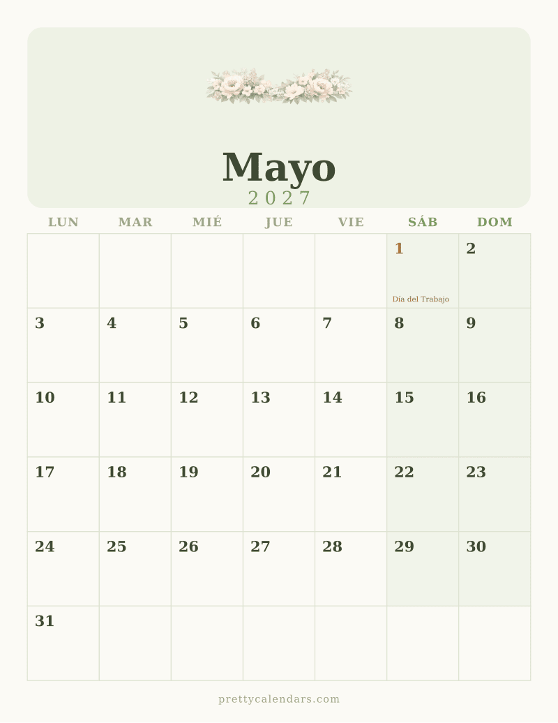 Calendario de Mayo 2027 para imprimir, estilo Floral