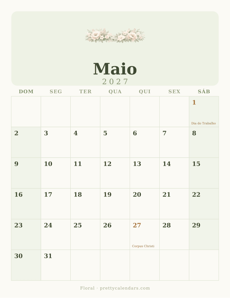 Calendário de Maio de 2027 para imprimir, estilo Floral