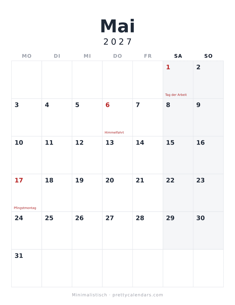 Druckbarer Kalender Mai 2027, Design Minimalistisch
