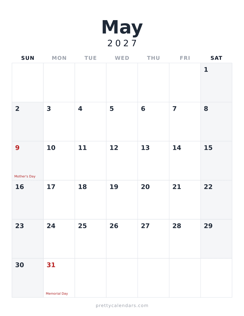 May 2027 printable calendar, Minimalist style