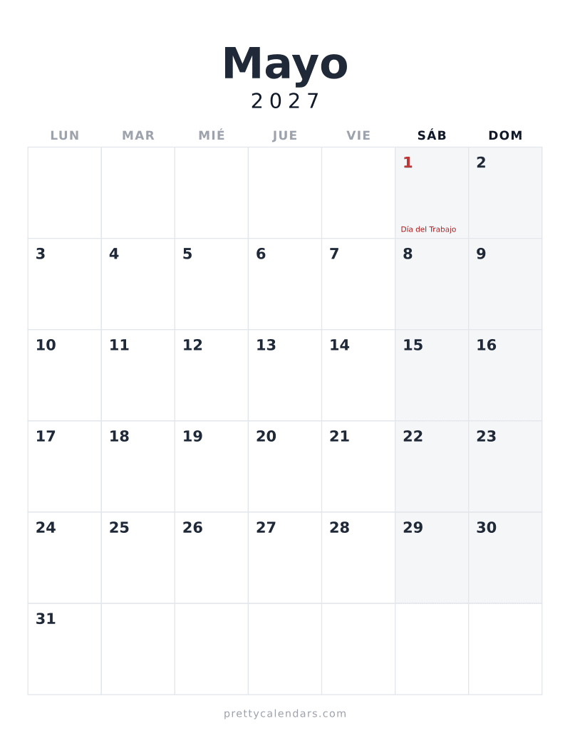 Calendario de Mayo 2027 para imprimir, estilo Minimalista